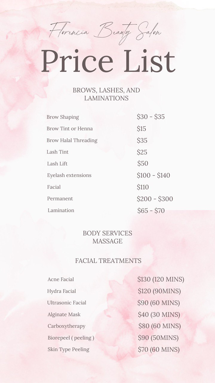 Florencia Beauty Salon pricing for nail services, facials, and skincare treatments